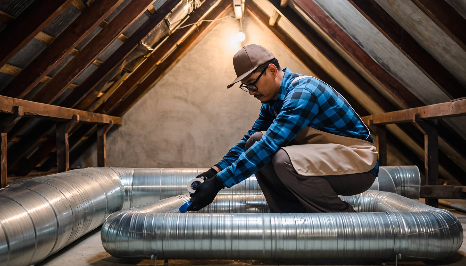 tradesman-installing-ventilation-ducts-in-attic